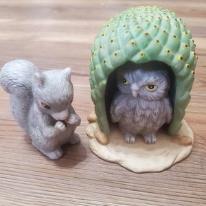 Woodland Surprises Owl & Squirrel Ceramic Figures Franklin Mint